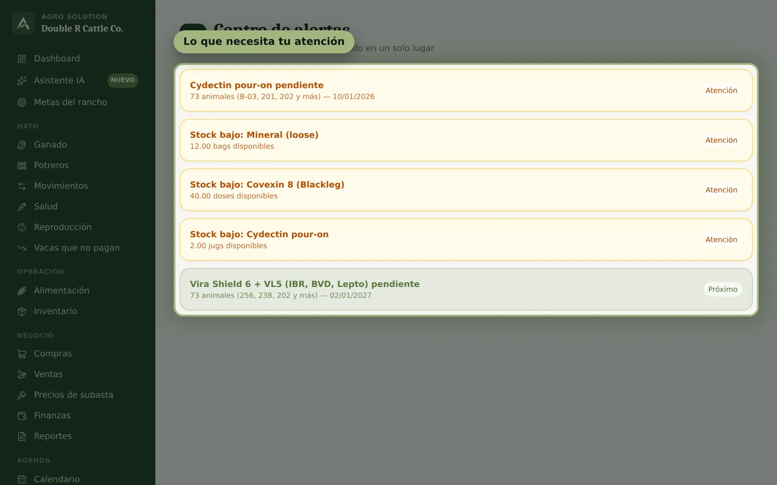 Pantalla de Agro Solution: Alertas y calendario