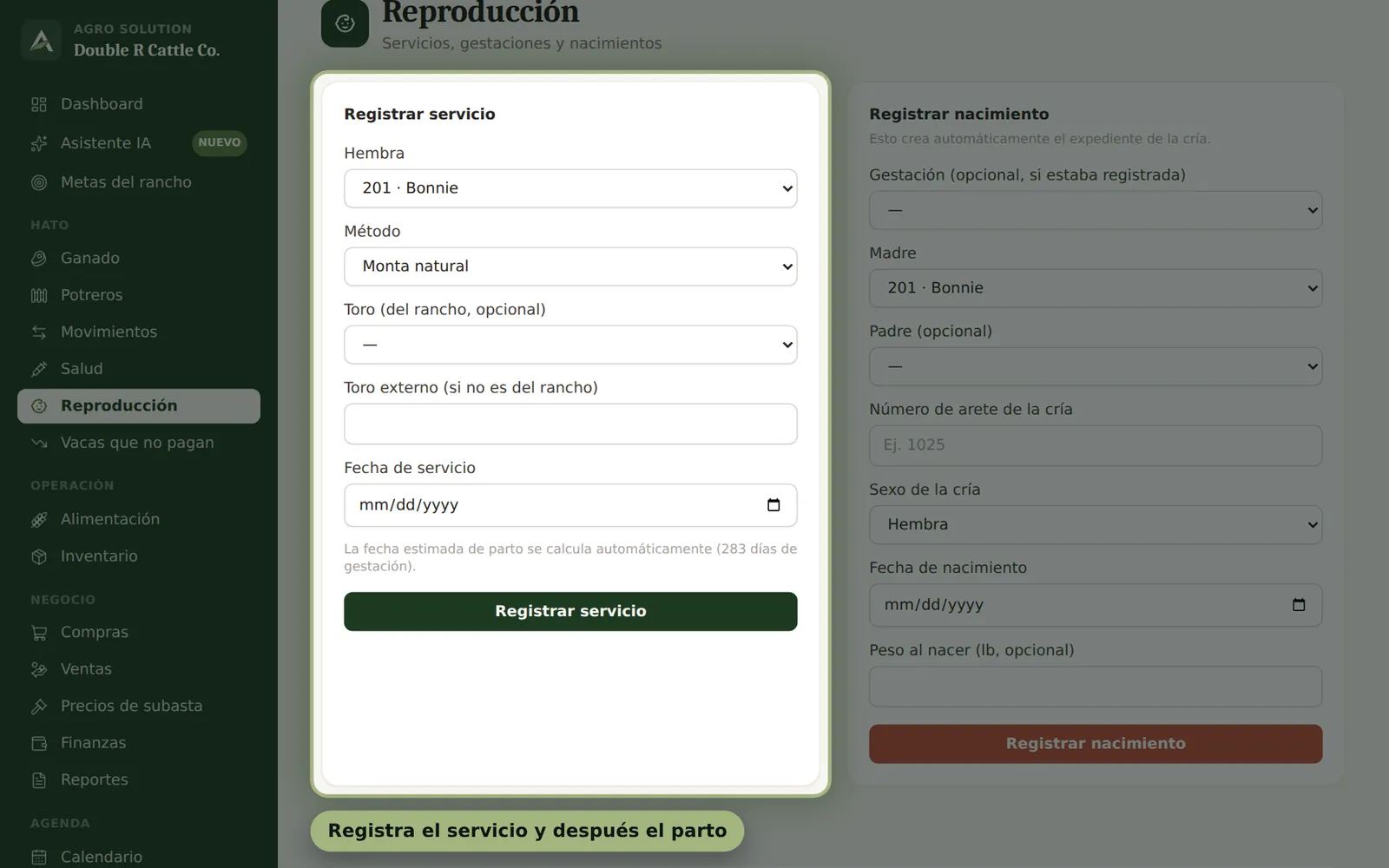 Pantalla de Agro Solution: Reproducción y partos