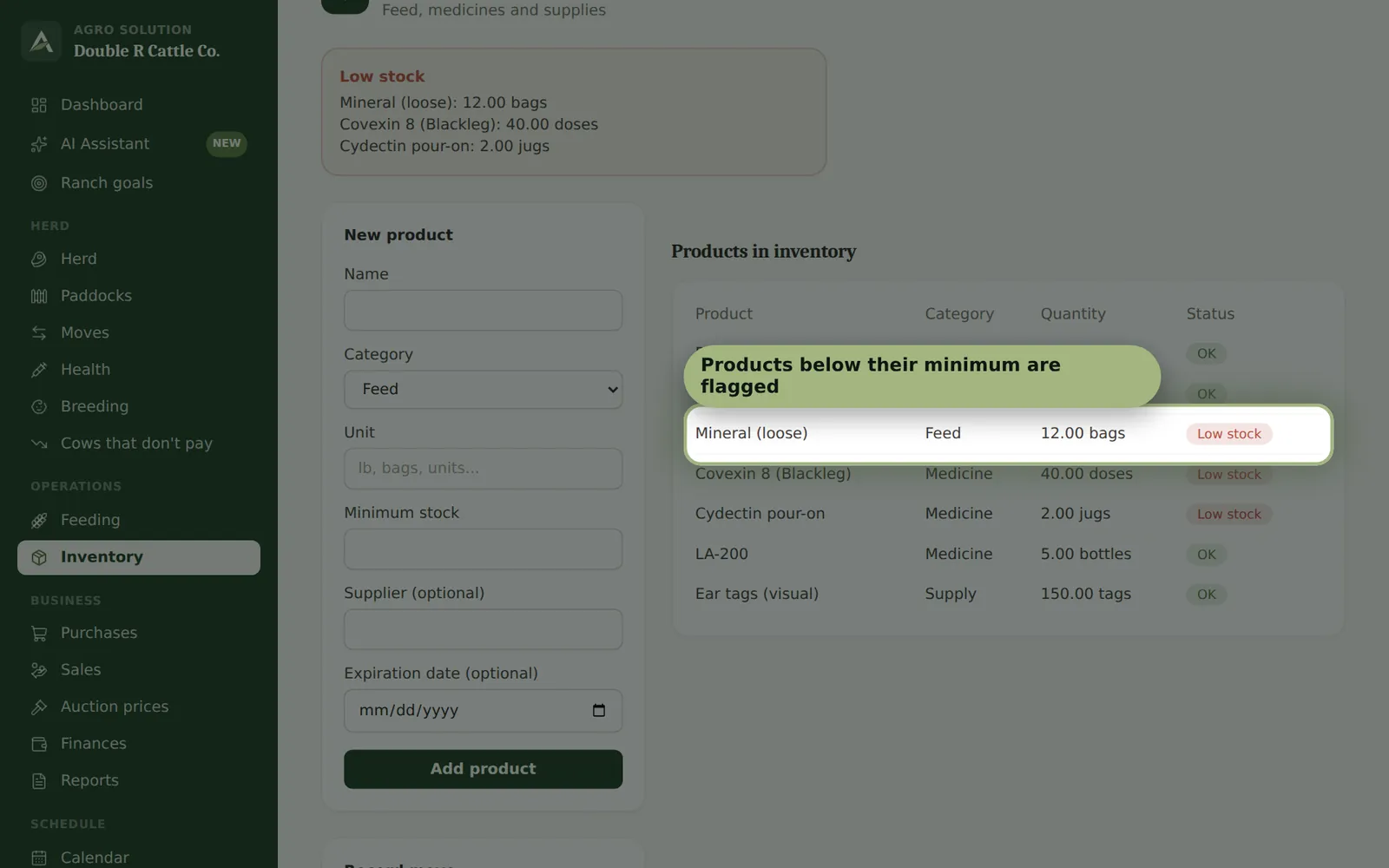 Agro Solution screen: Feeding and inventory