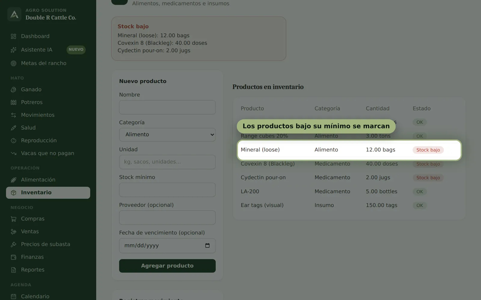 Pantalla de Agro Solution: Alimentación e inventario