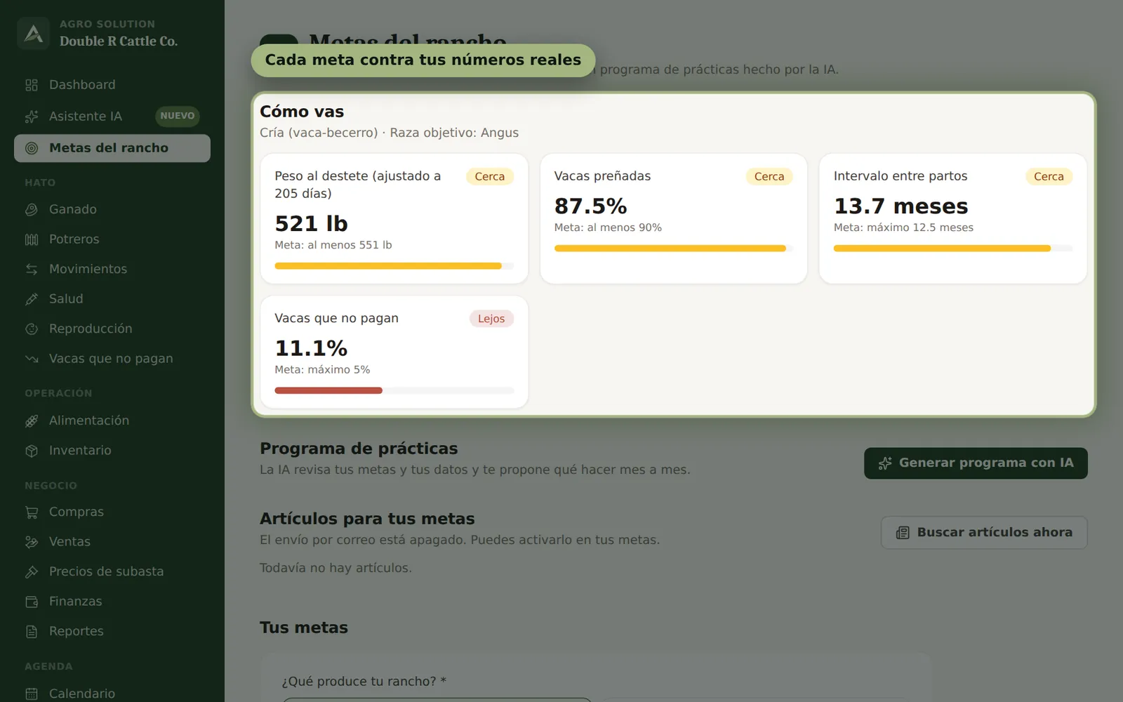 Pantalla de Agro Solution: Metas del rancho y leche