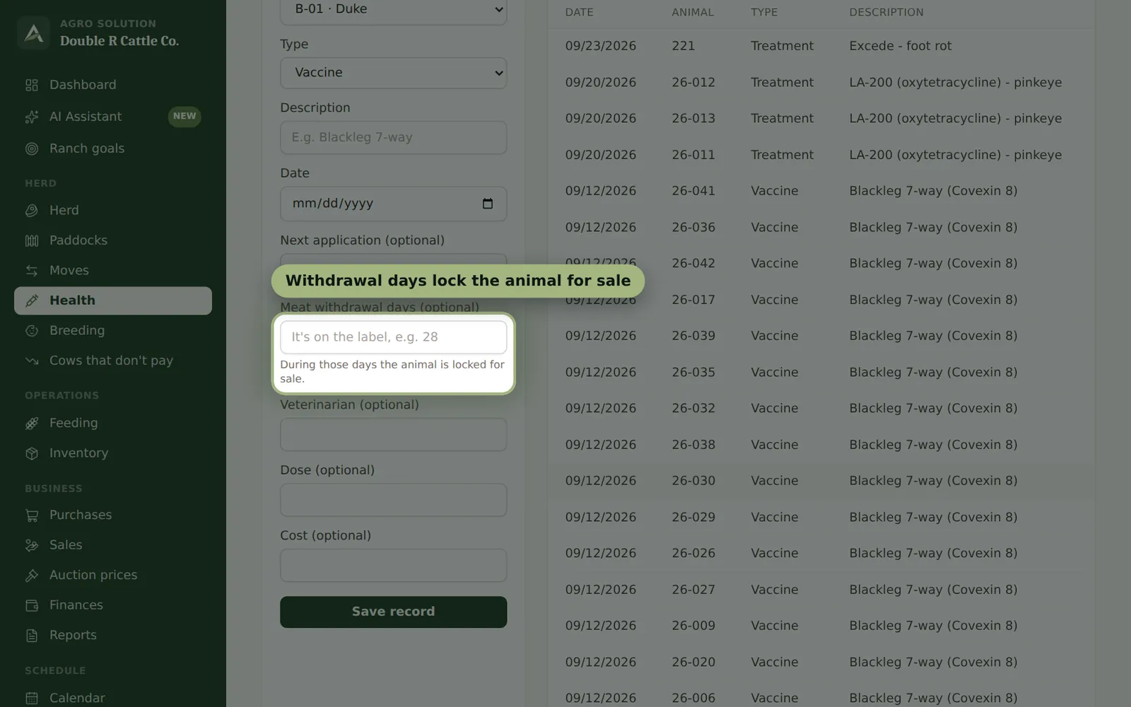 Agro Solution screen: Health and withdrawal