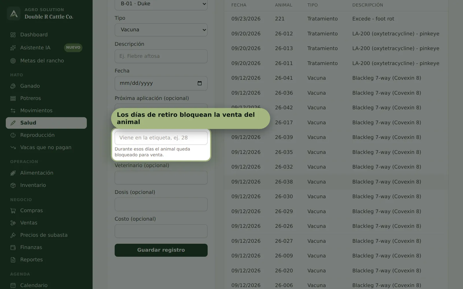Pantalla de Agro Solution: Salud y periodo de retiro
