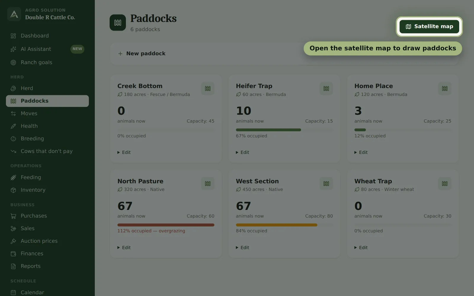 Agro Solution screen: Paddocks and the satellite map