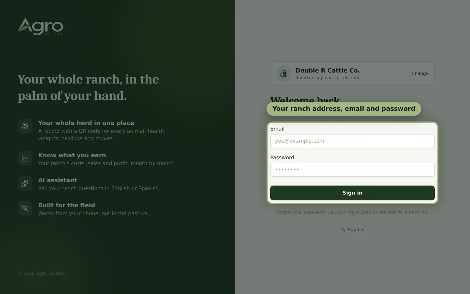 Agro Solution screen: Signing in