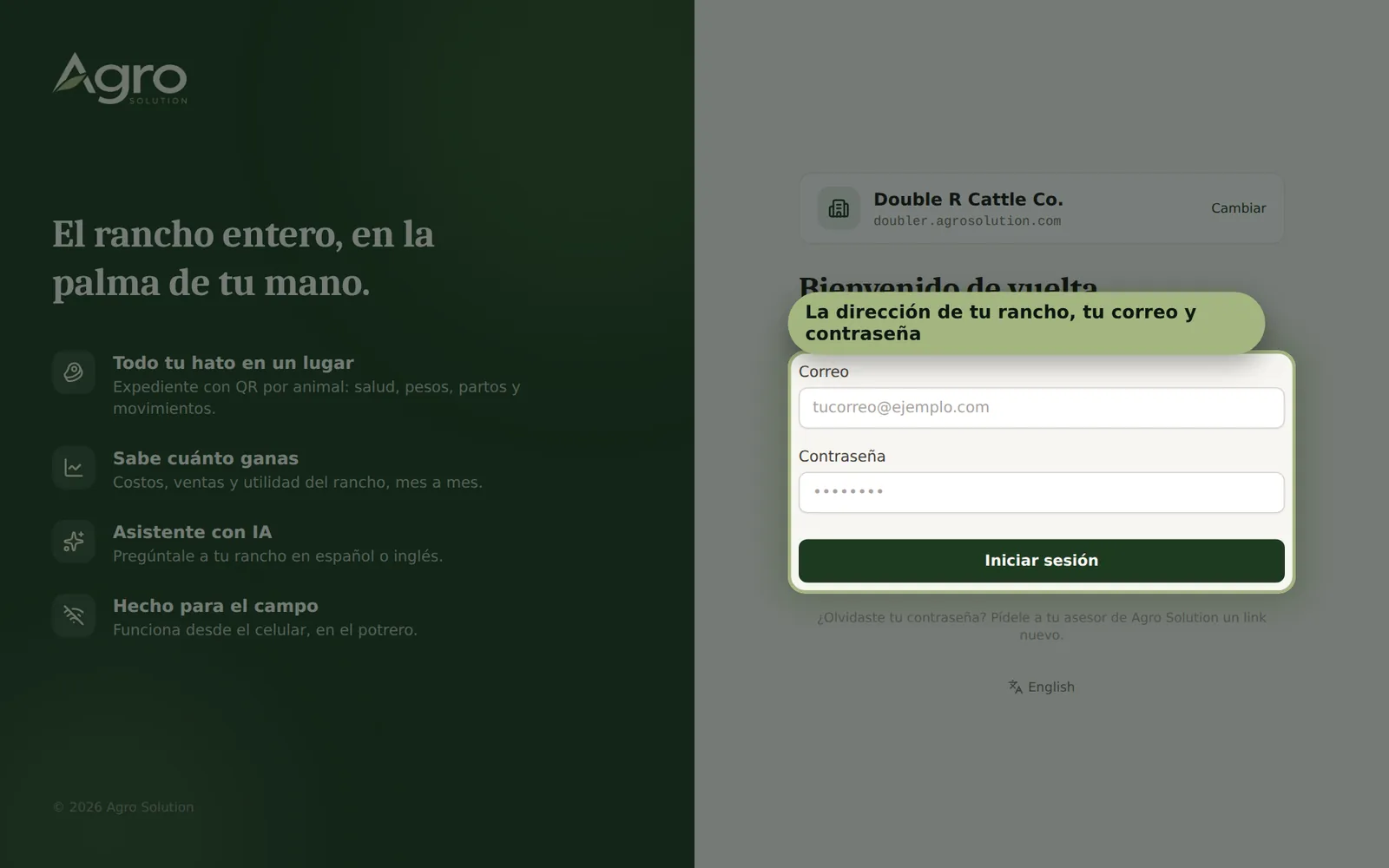 Pantalla de Agro Solution: Entrar a tu rancho